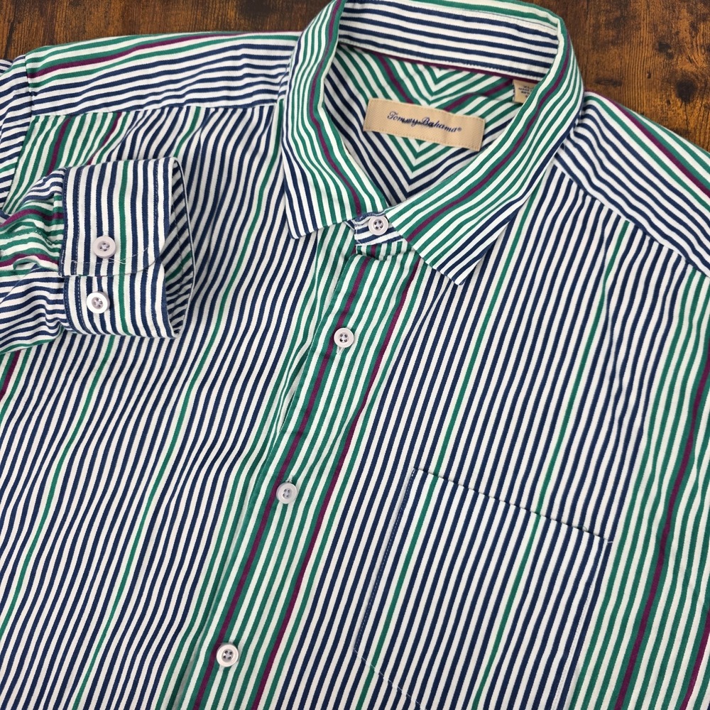 Tommy Bahama Mens Long Sleeve Button Up Striped Blue Green White Silk Blend XL